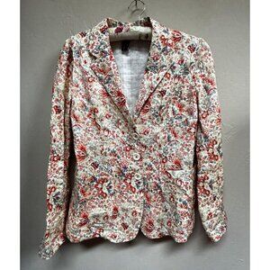 HIGH USE Women Three-Button Ramie Floral Blazer Jacket Size 8 Multicolor Pockets